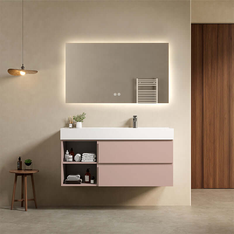 Mobile bagno sospeso 120 cm Rosa Retro Lavabo a Destra in Resina Specchio Quadro Retroilluminato - Fiji Paint Plus