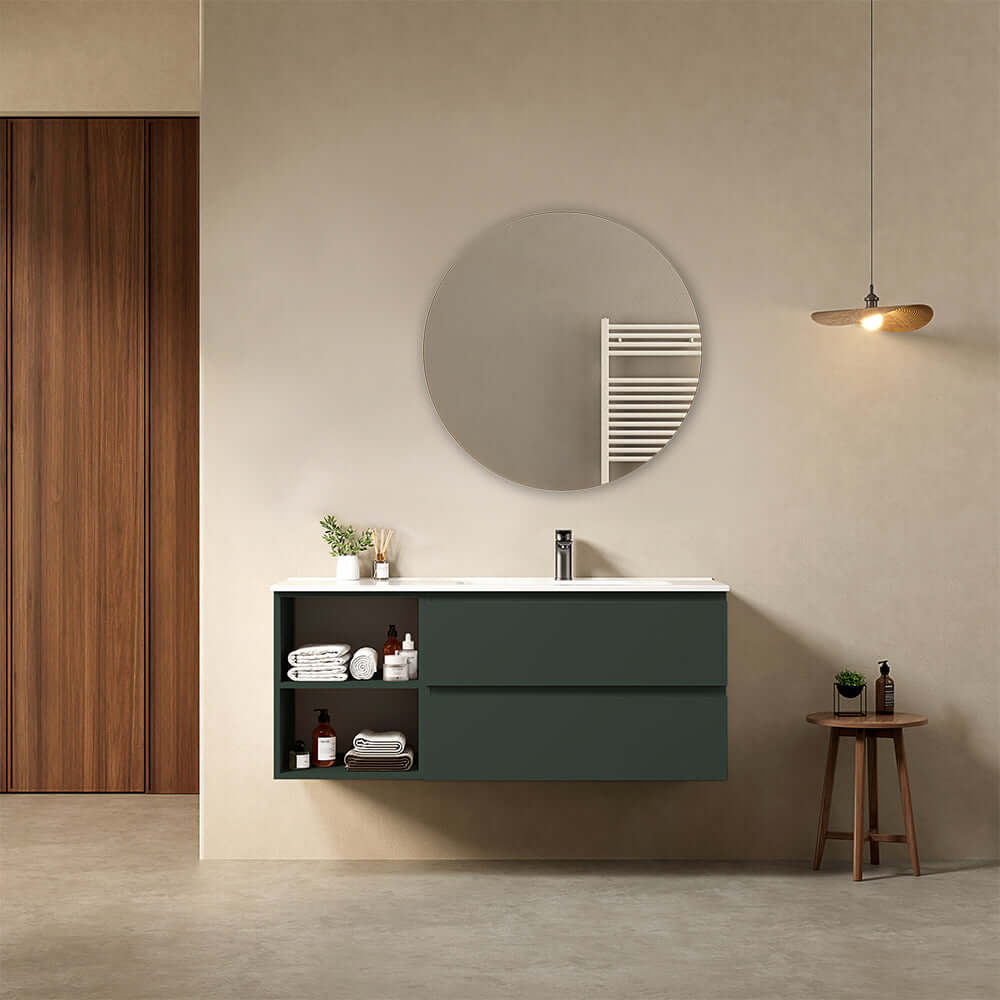 Mobile bagno sospeso 120 cm Verde Comodoro Lavabo a Destra in Ceramica Specchio Tondo - Fiji Paint Plus