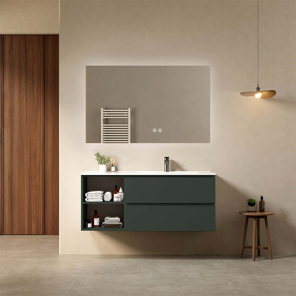 Mobile bagno sospeso 120 cm Verde Comodoro Lavabo a Destra in Ceramica Specchio Quadro Retroilluminato - Fiji Paint Plus