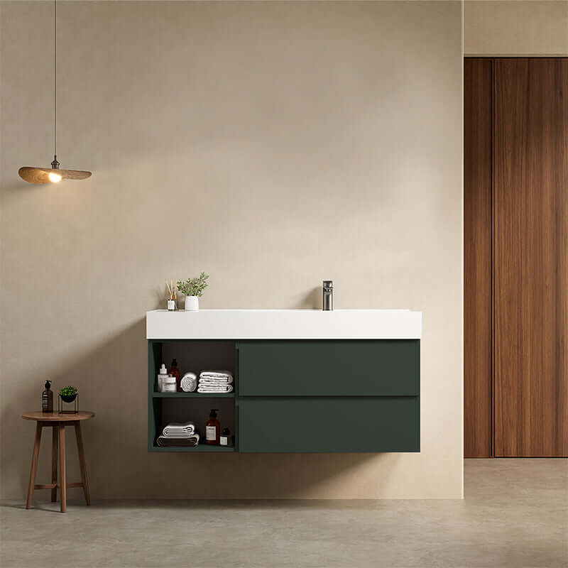 Mobile bagno sospeso 120 cm Verde Comodoro Lavabo a Destra in Resina Senza Specchio - Fiji Paint Plus