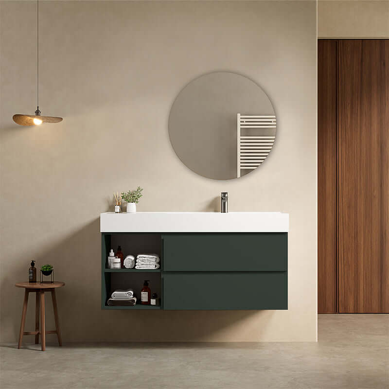 Mobile bagno sospeso 120 cm Verde Comodoro Lavabo a Destra in Resina Specchio Tondo - Fiji Paint Plus