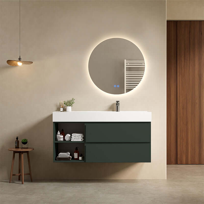 Mobile bagno sospeso 120 cm Verde Comodoro Lavabo a Destra in Resina Specchio Tondo Retroilluminato - Fiji Paint Plus