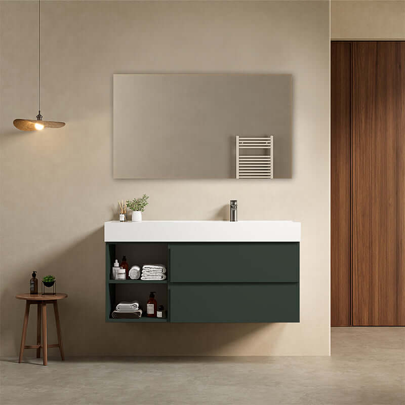 Mobile bagno sospeso 120 cm Verde Comodoro Lavabo a Destra in Resina Specchio Quadro - Fiji Paint Plus