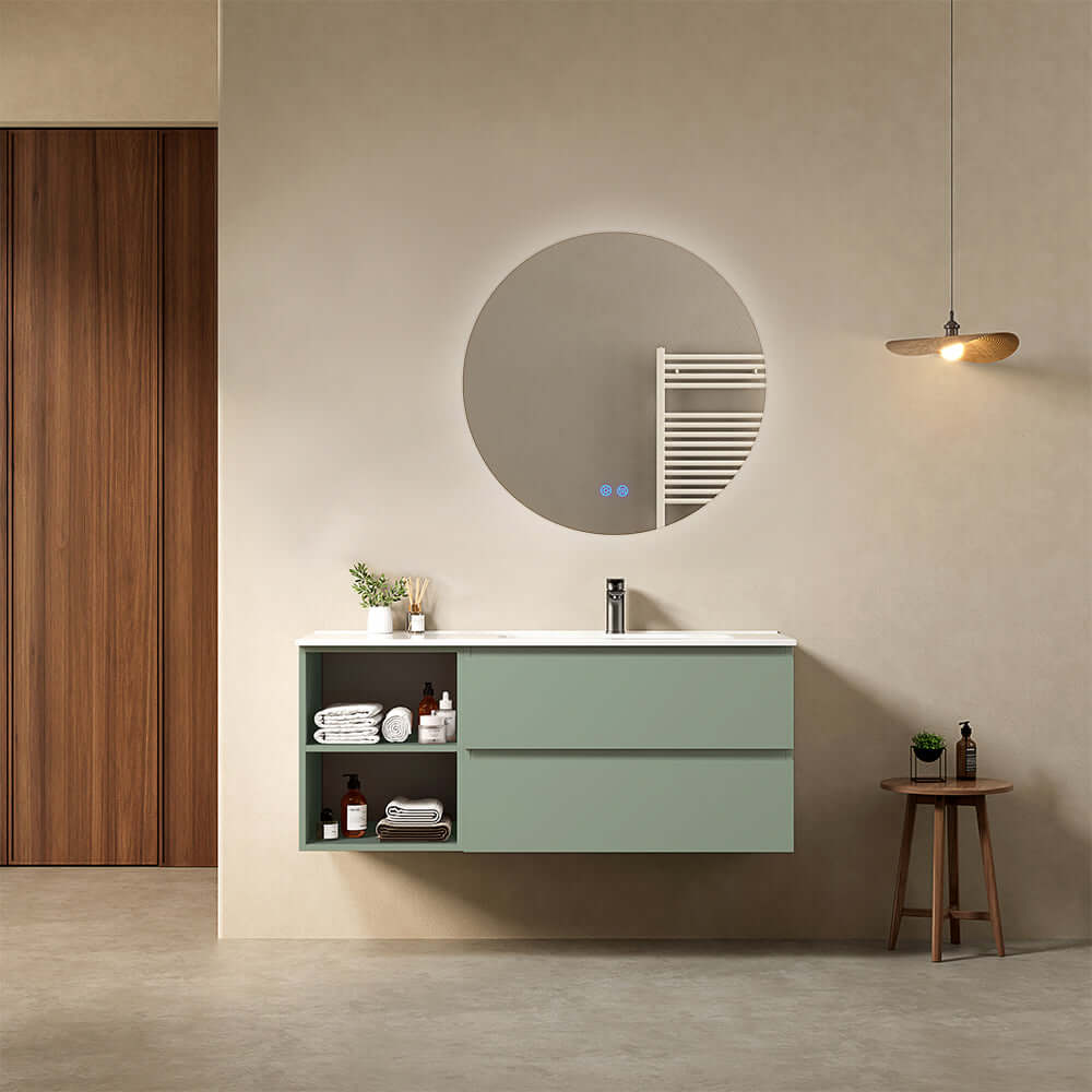 Mobile bagno sospeso 120 cm Verde Salvia Lavabo a Destra in Ceramica Specchio Tondo Retroilluminato - Fiji Paint Plus