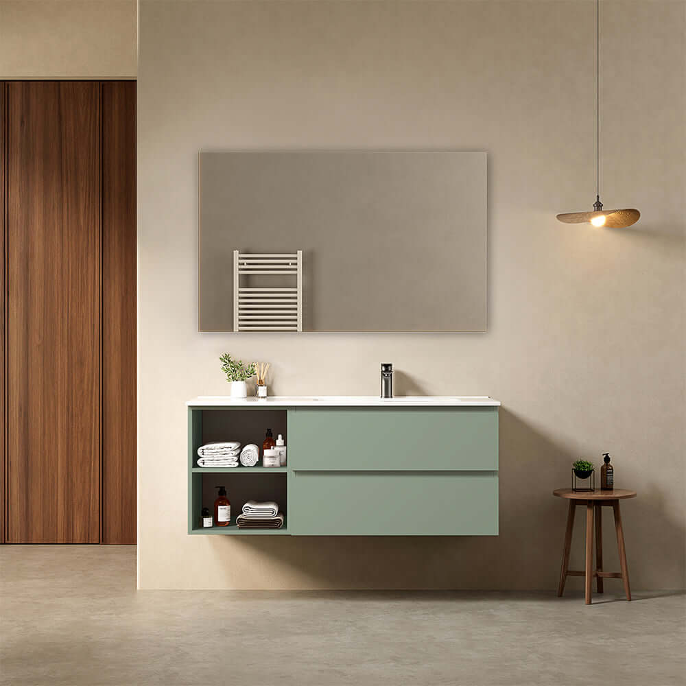 Mobile bagno sospeso 120 cm Verde Salvia Lavabo a Destra in Ceramica Specchio Quadro - Fiji Paint Plus