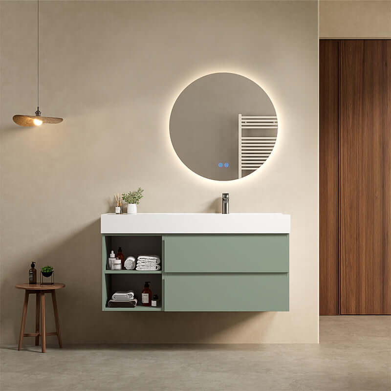 Mobile bagno sospeso 120 cm Verde Salvia Lavabo a Destra in Resina Specchio Tondo Retroilluminato - Fiji Paint Plus