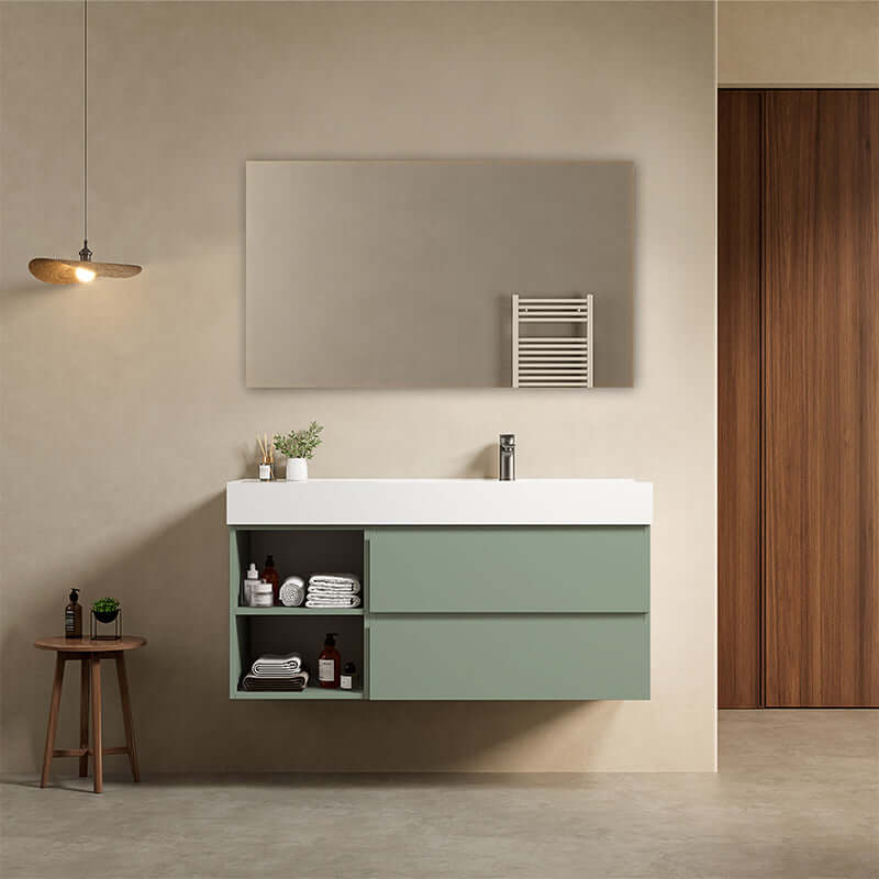Mobile bagno sospeso 120 cm Verde Salvia Lavabo a Destra in Resina Specchio Quadro - Fiji Paint Plus
