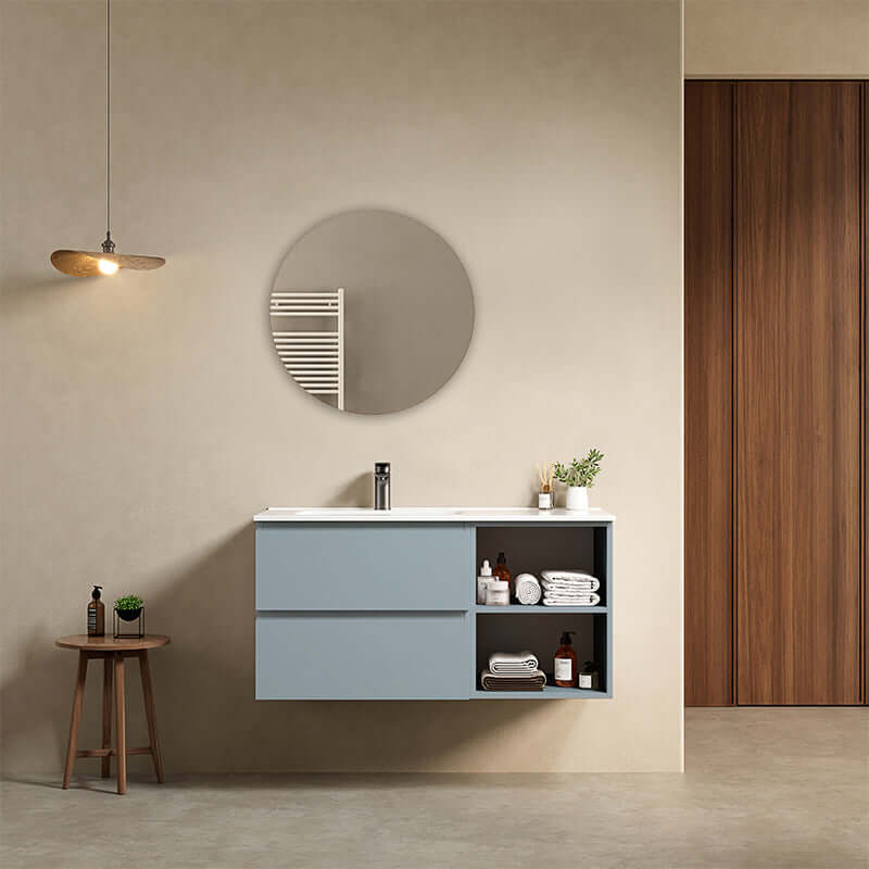 Mobile bagno sospeso 100 cm Blu Avio Lavabo a Sinistra in Ceramica Specchio Tondo - Fiji Paint Plus