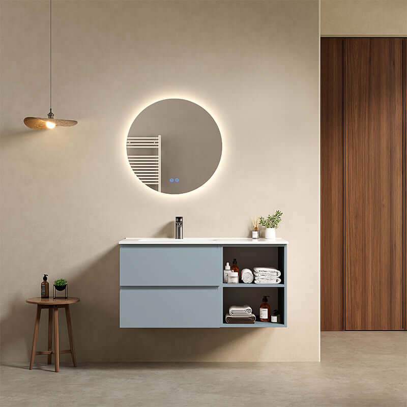 Mobile bagno sospeso 100 cm Blu Avio Lavabo a Sinistra in Ceramica Specchio Tondo Retroilluminato - Fiji Paint Plus