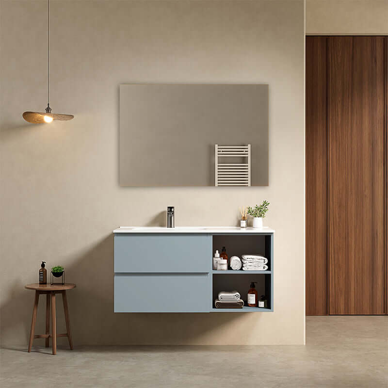 Mobile bagno sospeso 100 cm Blu Avio Lavabo a Sinistra in Ceramica Specchio Quadro - Fiji Paint Plus
