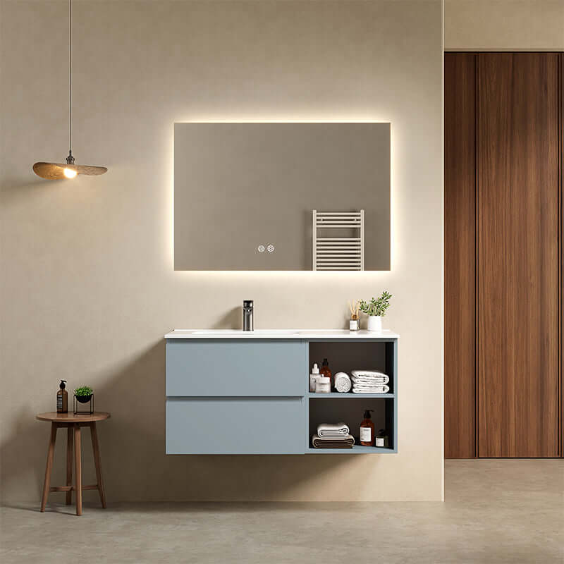 Mobile bagno sospeso 100 cm Blu Avio Lavabo a Sinistra in Ceramica Specchio Quadro Retroilluminato - Fiji Paint Plus