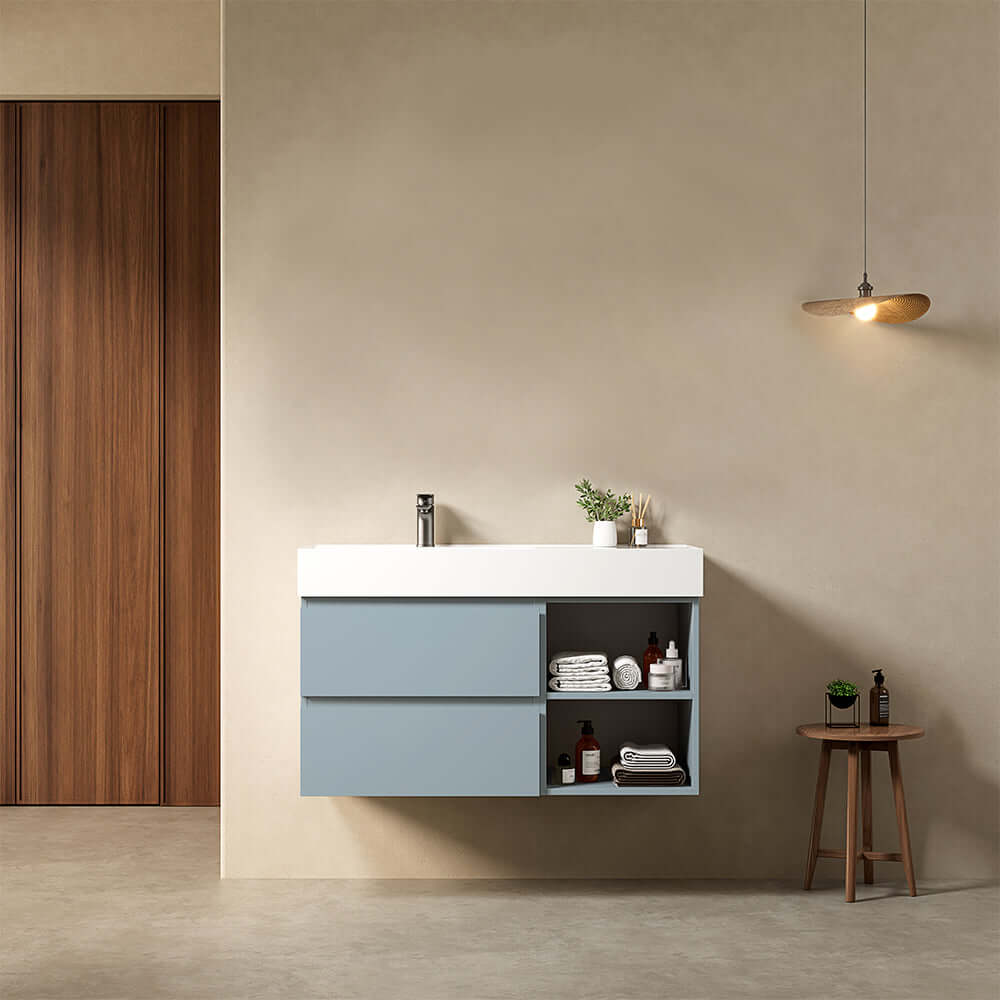 Mobile bagno sospeso 100 cm Blu Avio Lavabo a Sinistra in Resina Senza Specchio - Fiji Paint Plus