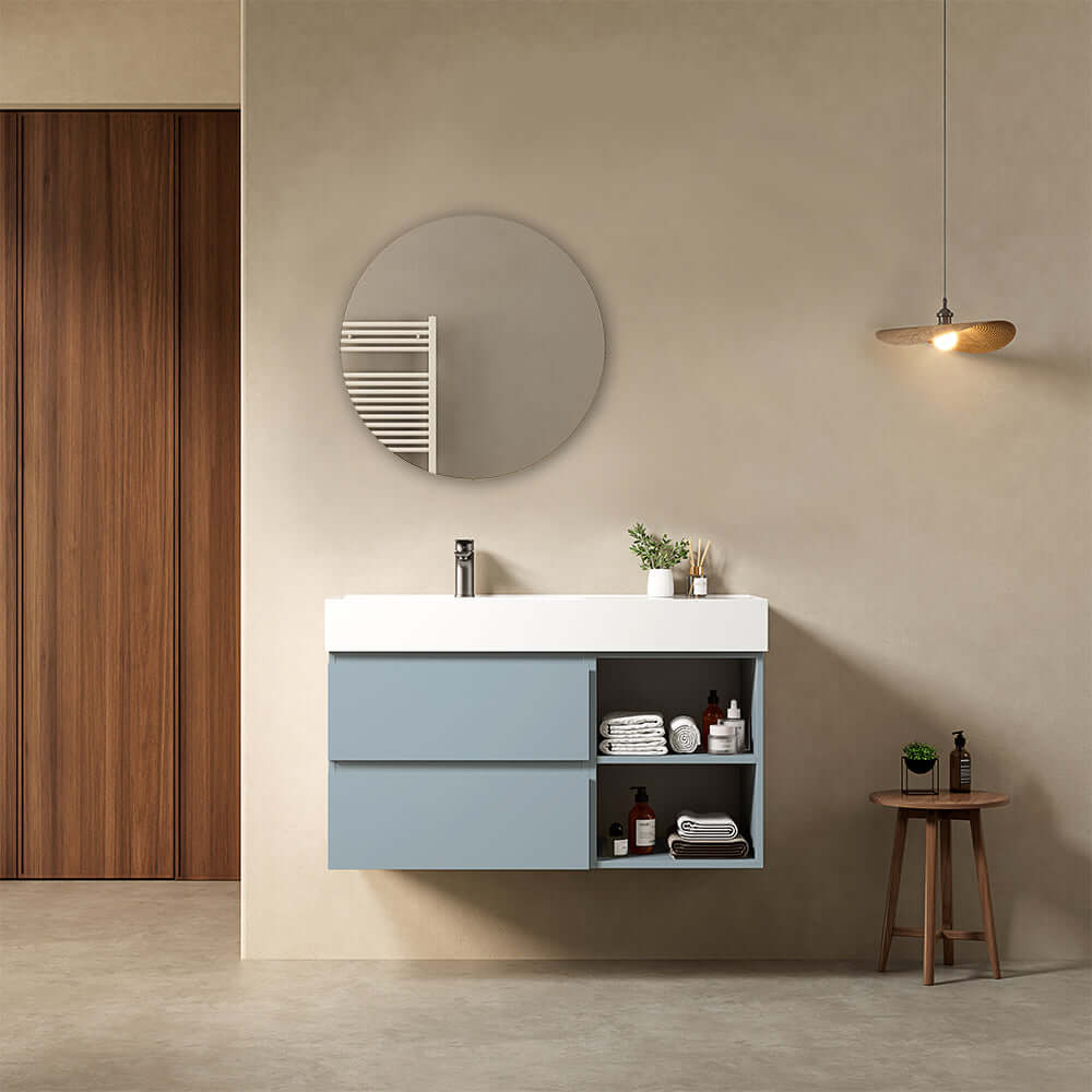 Mobile bagno sospeso 100 cm Blu Avio Lavabo a Sinistra in Resina Specchio Tondo - Fiji Paint Plus