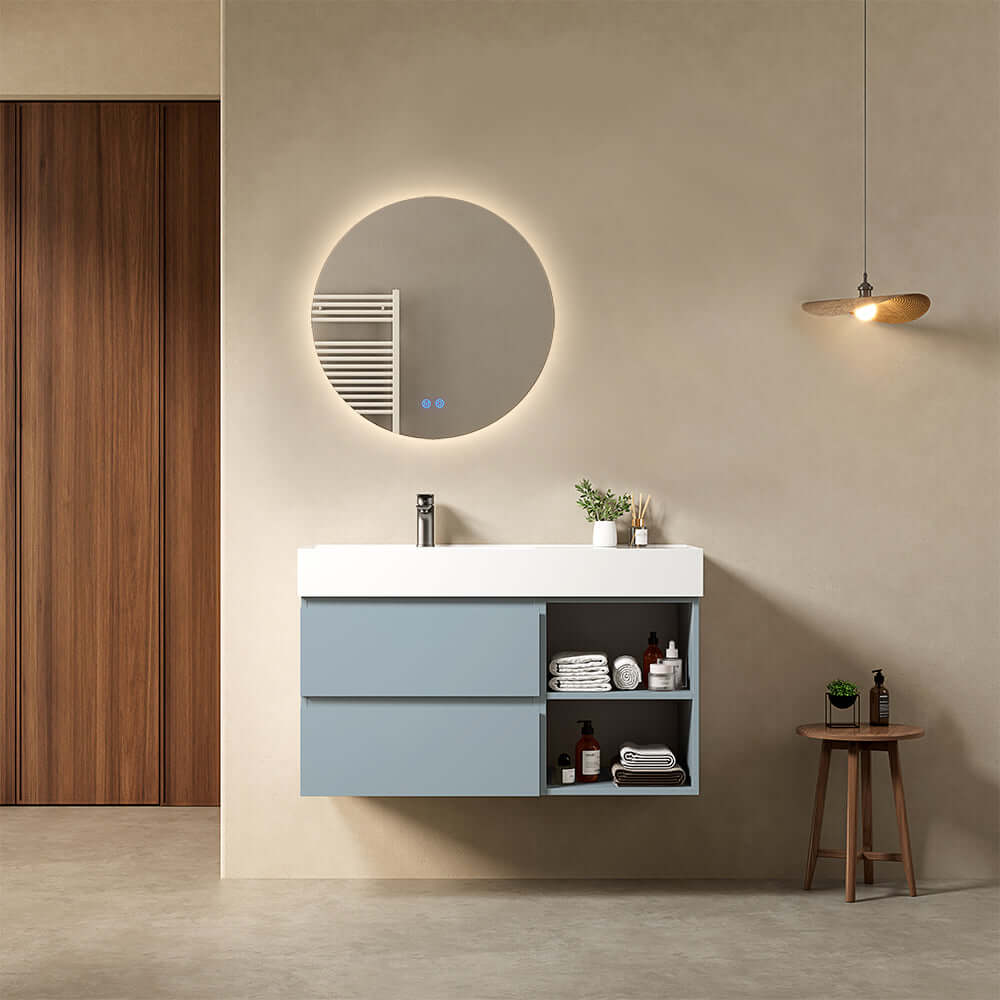 Mobile bagno sospeso 100 cm Blu Avio Lavabo a Sinistra in Resina Specchio Tondo Retroilluminato - Fiji Paint Plus