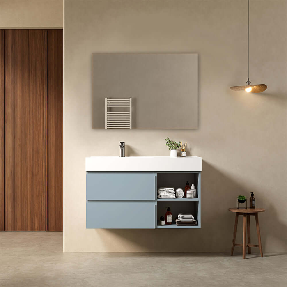 Mobile bagno sospeso 100 cm Blu Avio Lavabo a Sinistra in Resina Specchio Quadro - Fiji Paint Plus