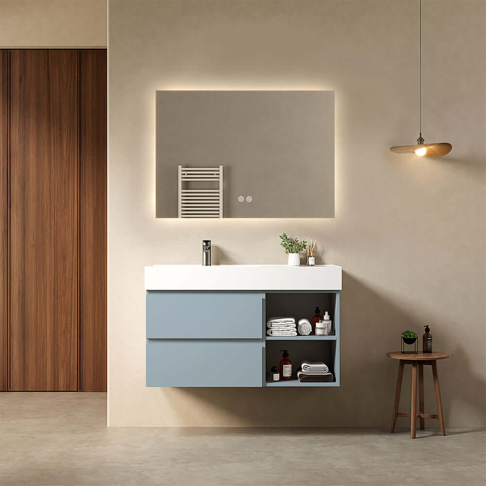 Mobile bagno sospeso 100 cm Blu Avio Lavabo a Sinistra in Resina Specchio Quadro Retroilluminato - Fiji Paint Plus