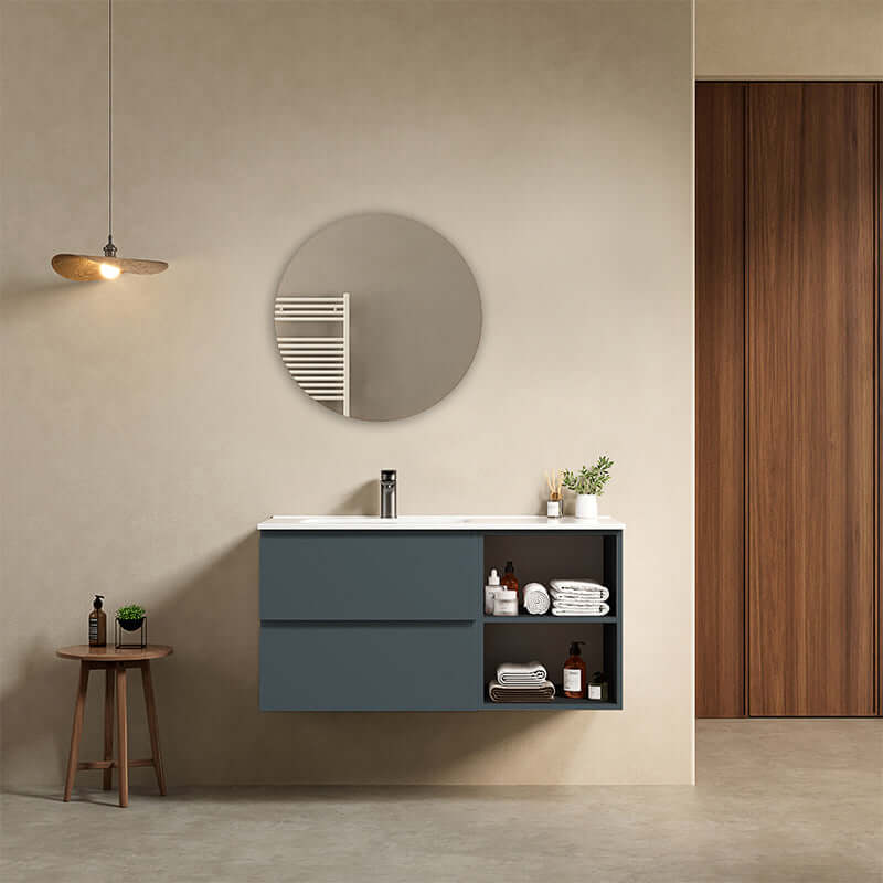 Mobile bagno sospeso 100 cm Blu Mare Lavabo a Sinistra in Ceramica Specchio Tondo - Fiji Paint Plus