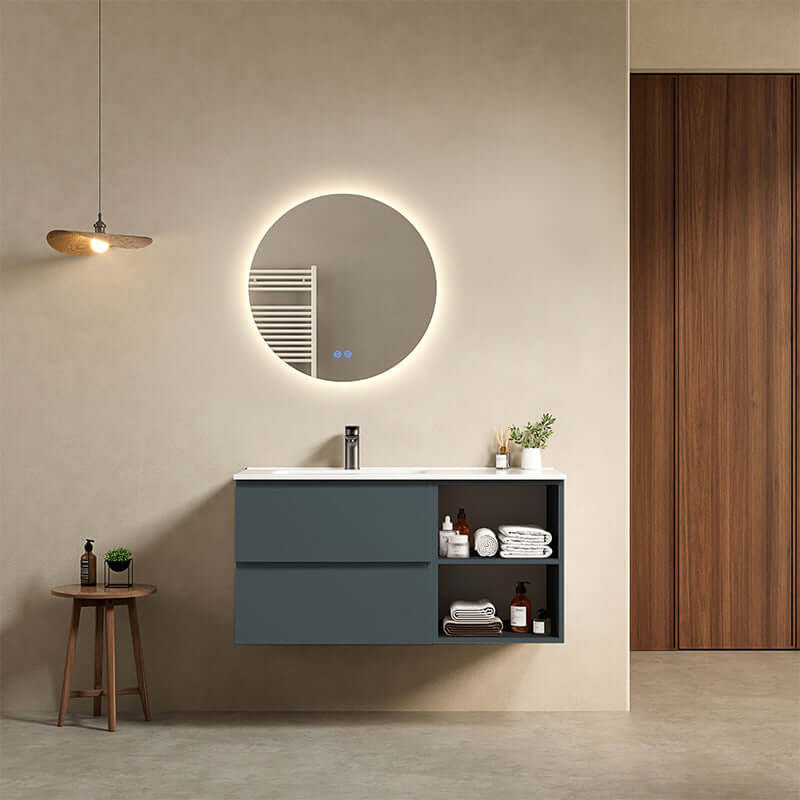Mobile bagno sospeso 100 cm Blu Mare Lavabo a Sinistra in Ceramica Specchio Tondo Retroilluminato - Fiji Paint Plus