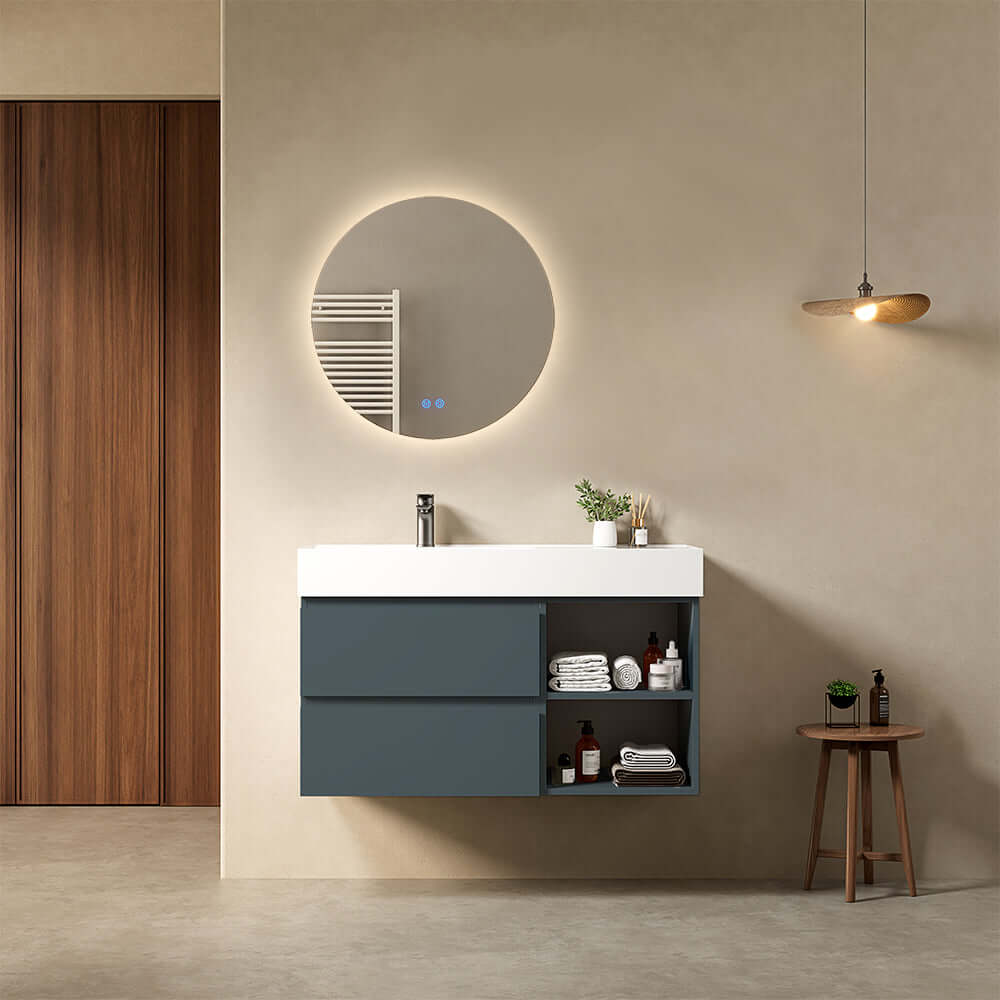 Mobile bagno sospeso 100 cm Blu Mare Lavabo a Sinistra in Resina Specchio Tondo Retroilluminato - Fiji Paint Plus