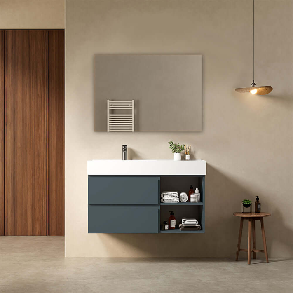 Mobile bagno sospeso 100 cm Blu Mare Lavabo a Sinistra in Resina Specchio Quadro - Fiji Paint Plus