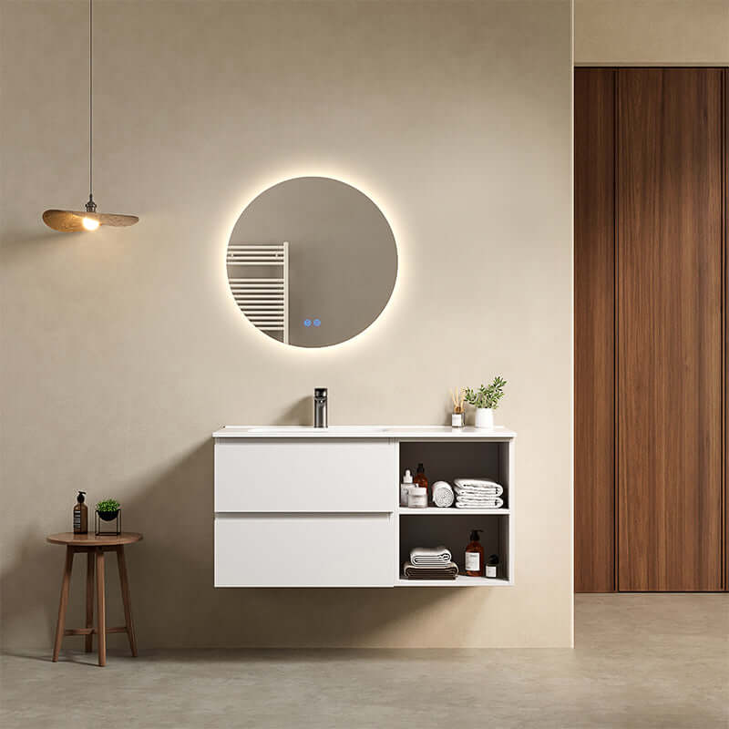 Mobile bagno sospeso 100 cm Bianco Lavabo a Sinistra in Ceramica Specchio Tondo Retroilluminato - Fiji Paint Plus