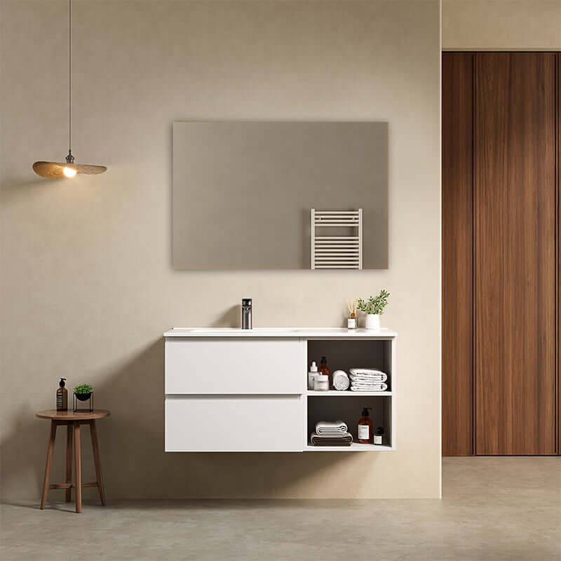 Mobile bagno sospeso 100 cm Bianco Lavabo a Sinistra in Ceramica Specchio Quadro - Fiji Paint Plus