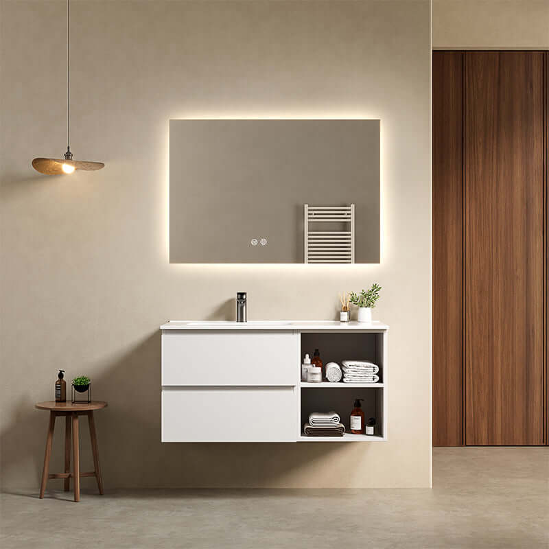 Mobile bagno sospeso 100 cm Bianco Lavabo a Sinistra in Ceramica Specchio Quadro Retroilluminato - Fiji Paint Plus