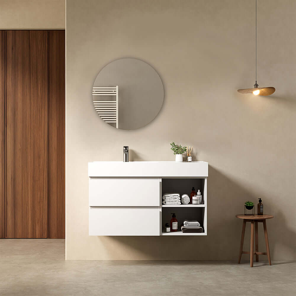 Mobile bagno sospeso 100 cm Bianco Lavabo a Sinistra in Resina Specchio Tondo - Fiji Paint Plus