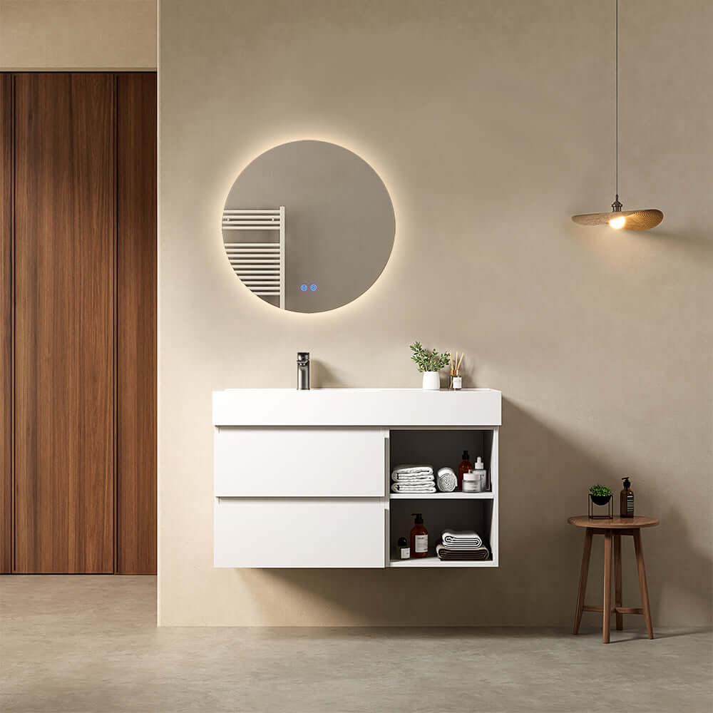 Mobile bagno sospeso 100 cm Bianco Lavabo a Sinistra in Resina Specchio Tondo Retroilluminato - Fiji Paint Plus