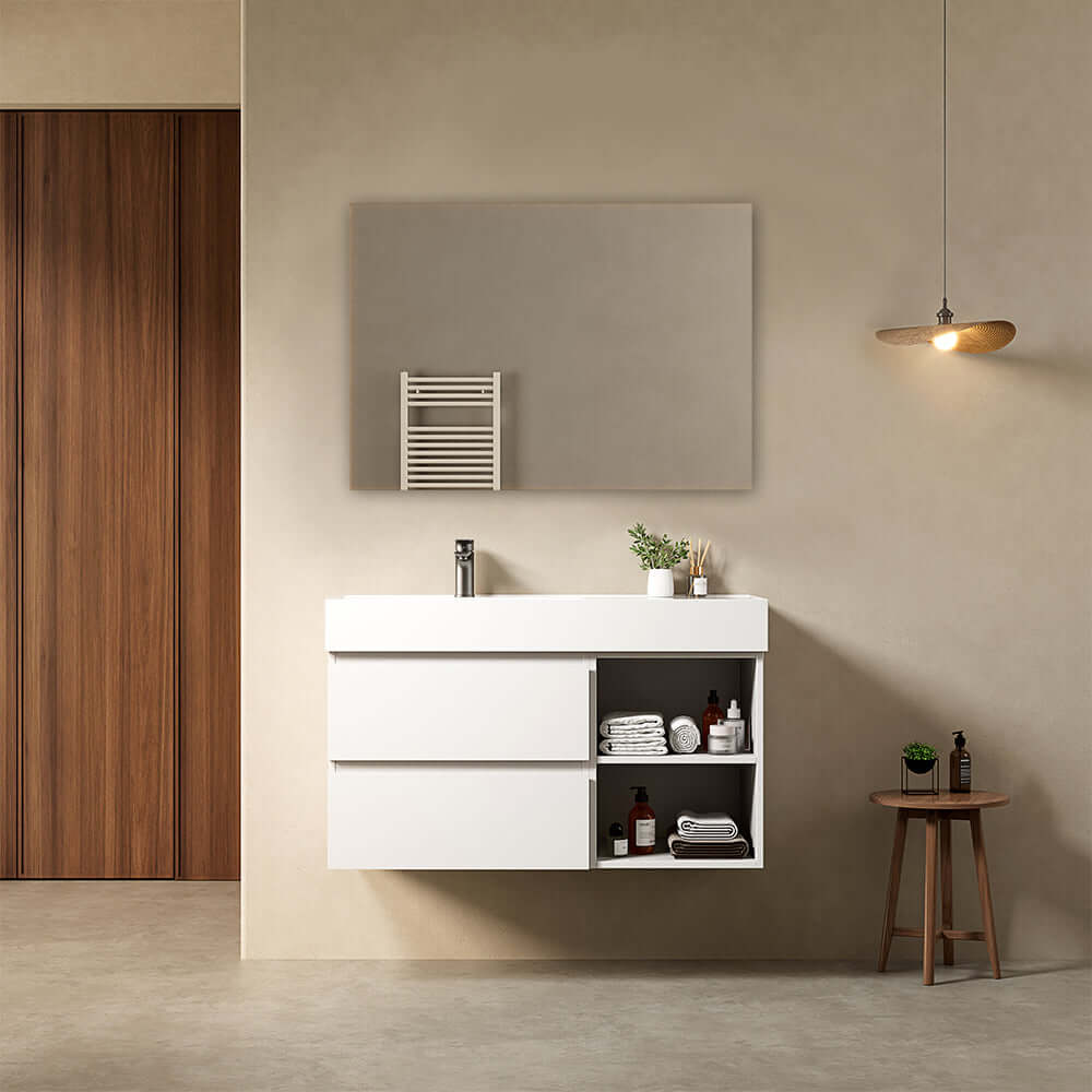 Mobile bagno sospeso 100 cm Bianco Lavabo a Sinistra in Resina Specchio Quadro - Fiji Paint Plus