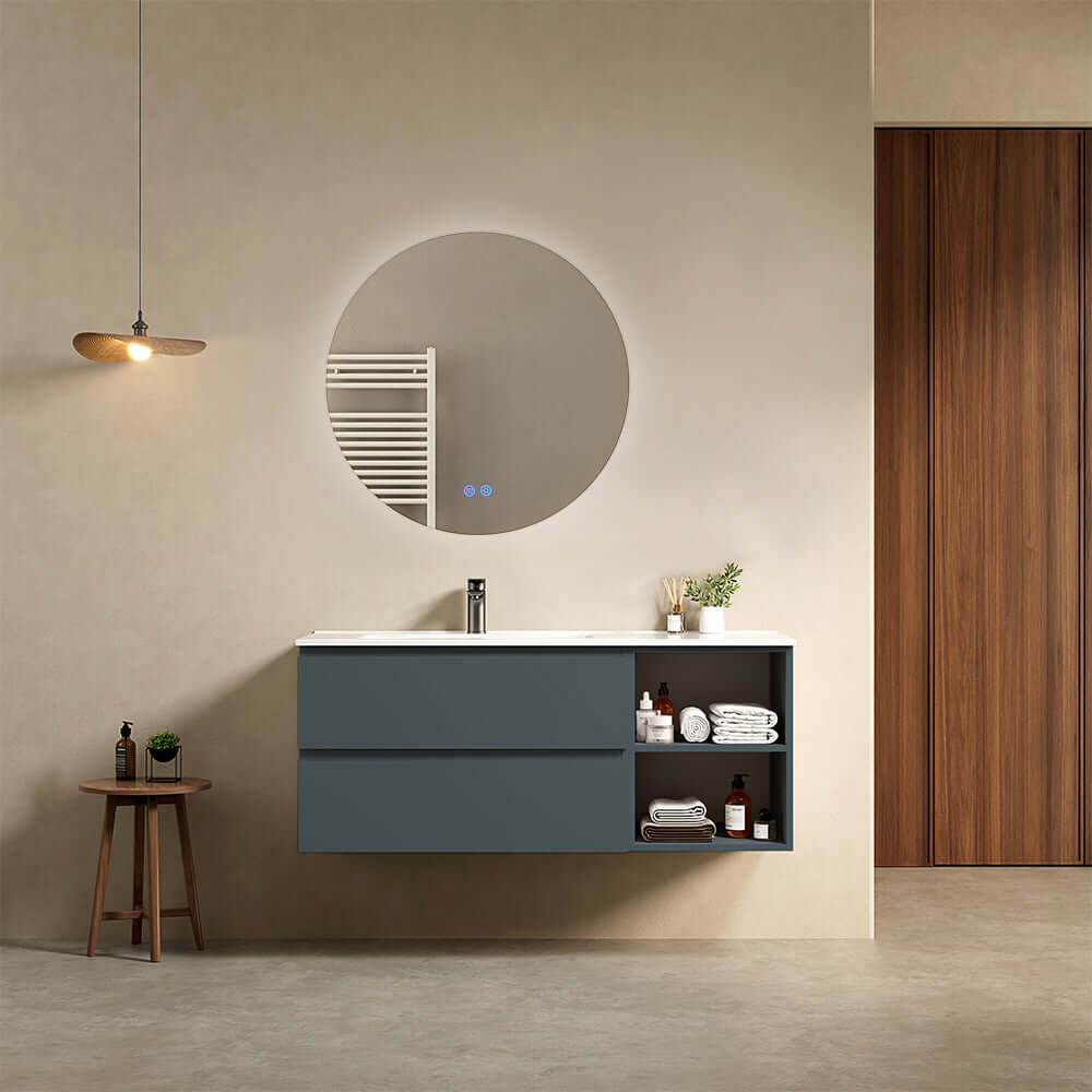 Mobile bagno sospeso 120 cm Blu Mare Lavabo a Sinistra in Ceramica Specchio Tondo Retroilluminato - Fiji Paint Plus