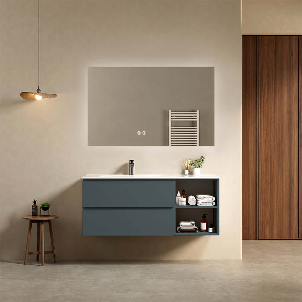 Mobile bagno sospeso 120 cm Blu Mare Lavabo a Sinistra in Ceramica Specchio Quadro Retroilluminato - Fiji Paint Plus