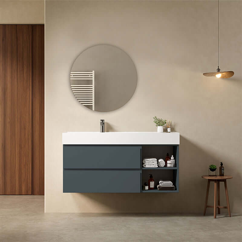 Mobile bagno sospeso 120 cm Blu Mare Lavabo a Sinistra in Resina Specchio Tondo - Fiji Paint Plus