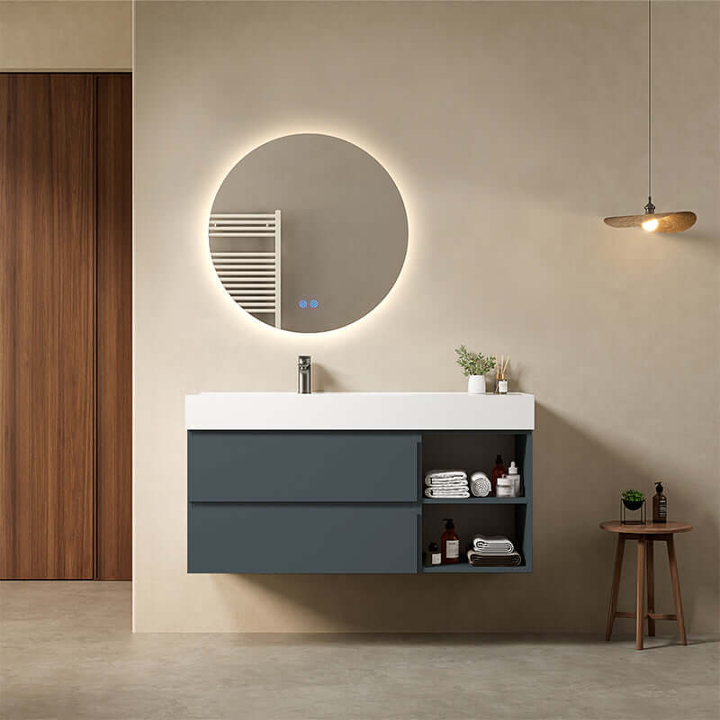 Mobile bagno sospeso 120 cm Blu Mare Lavabo a Sinistra in Resina Specchio Tondo Retroilluminato - Fiji Paint Plus