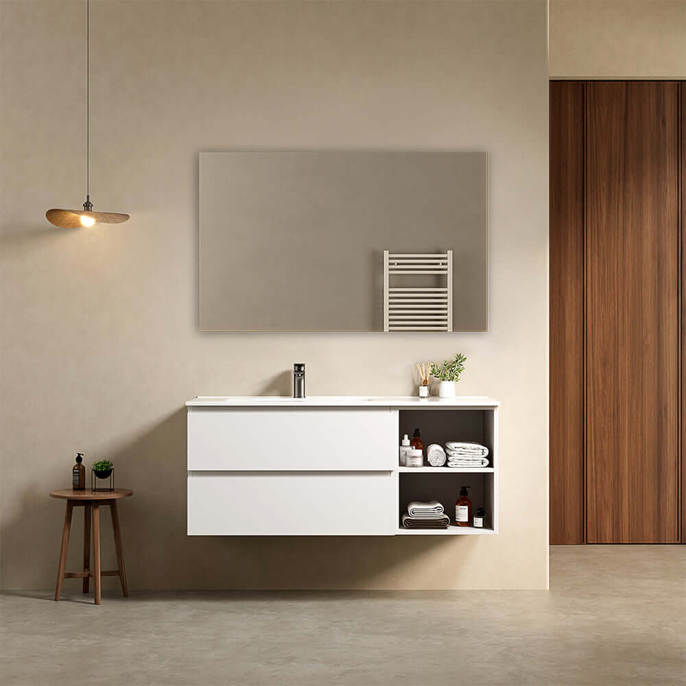 Mobile bagno sospeso 120 cm Bianco Lavabo a Sinistra in Ceramica Specchio Quadro - Fiji Paint Plus