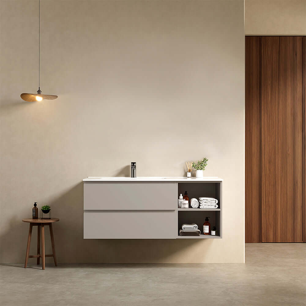 Mobile bagno sospeso 120 cm Grigio Cenere Lavabo a Sinistra in Ceramica Senza Specchio - Fiji Paint Plus