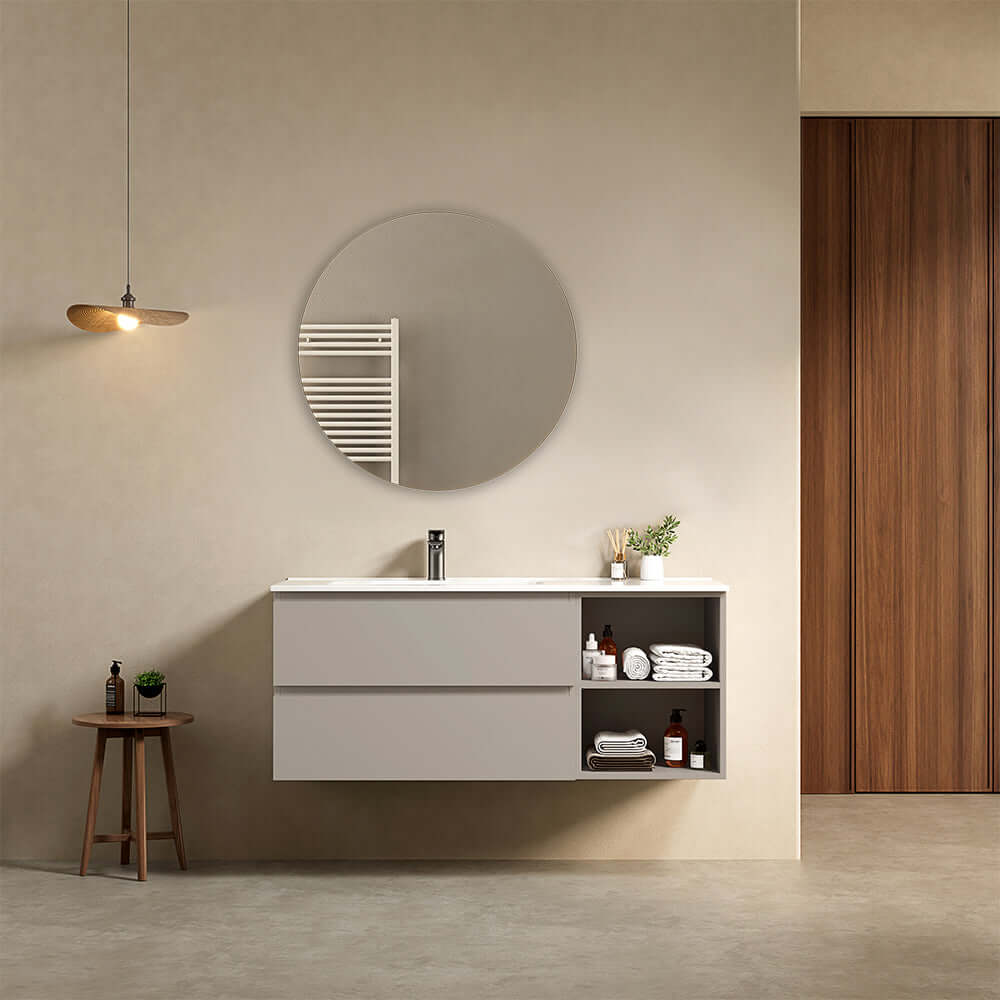 Mobile bagno sospeso 120 cm Grigio Cenere Lavabo a Sinistra in Ceramica Specchio Tondo - Fiji Paint Plus