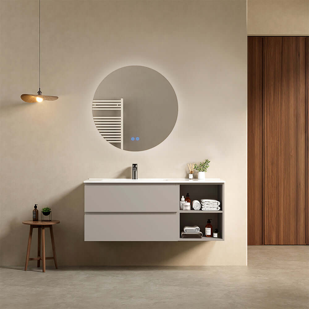 Mobile bagno sospeso 120 cm Grigio Cenere Lavabo a Sinistra in Ceramica Specchio Tondo Retroilluminato - Fiji Paint Plus