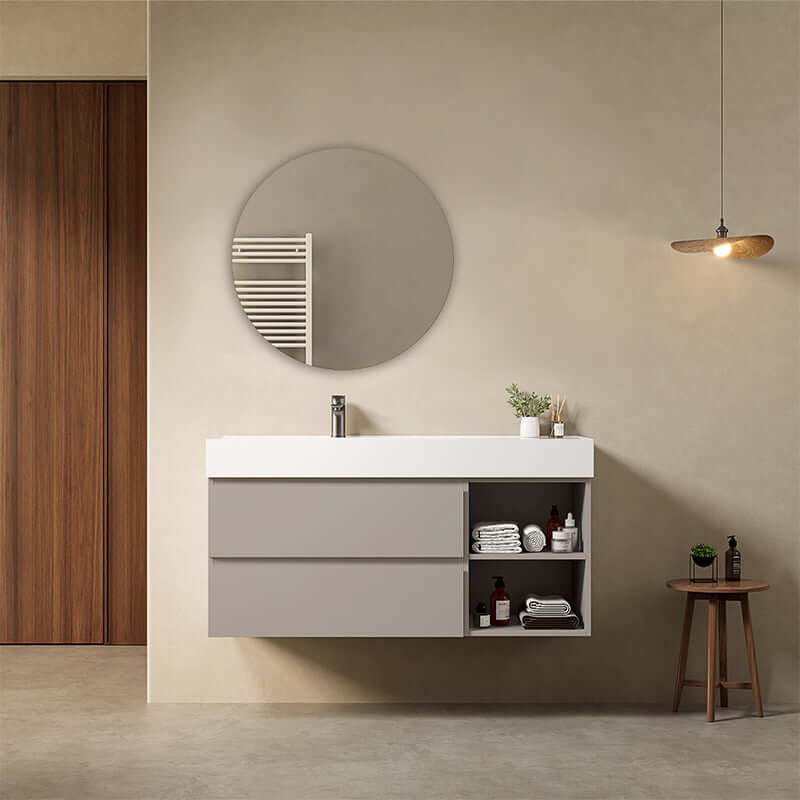 Mobile bagno sospeso 120 cm Grigio Cenere Lavabo a Sinistra in Resina Specchio Tondo - Fiji Paint Plus