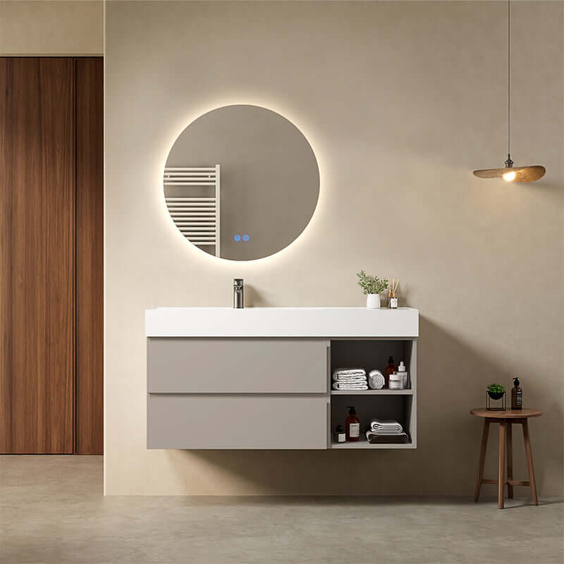 Mobile bagno sospeso 120 cm Grigio Cenere Lavabo a Sinistra in Resina Specchio Tondo Retroilluminato - Fiji Paint Plus