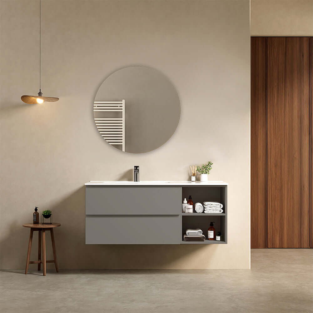 Mobile bagno sospeso 120 cm Grigio Londra Lavabo a Sinistra in Ceramica Specchio Tondo - Fiji Paint Plus