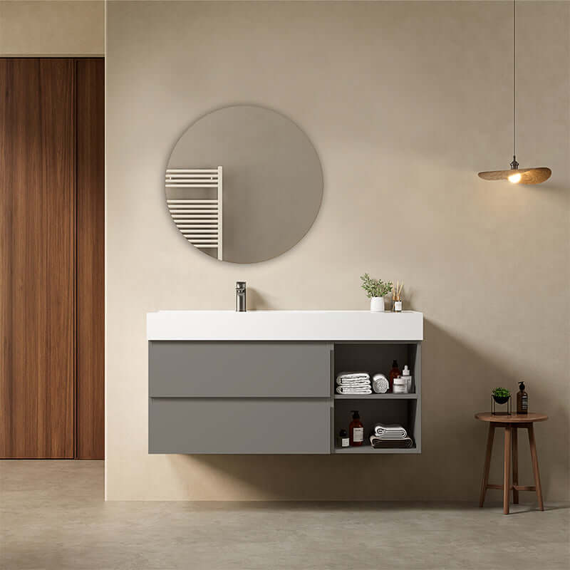 Mobile bagno sospeso 120 cm Grigio Londra Lavabo a Sinistra in Resina Specchio Tondo - Fiji Paint Plus