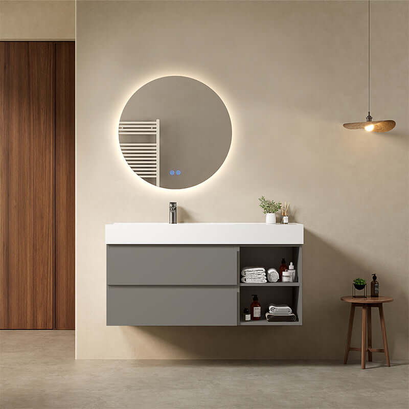 Mobile bagno sospeso 120 cm Grigio Londra Lavabo a Sinistra in Resina Specchio Tondo Retroilluminato - Fiji Paint Plus