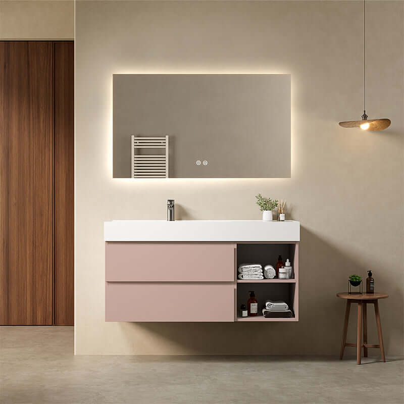 Mobile bagno sospeso 120 cm Rosa Retro Lavabo a Sinistra in Resina Specchio Quadro Retroilluminato - Fiji Paint Plus