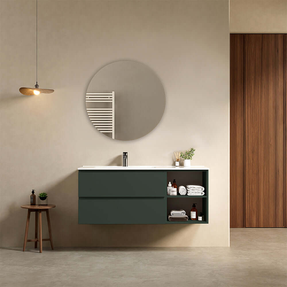 Mobile bagno sospeso 120 cm Verde Comodoro Lavabo a Sinistra in Ceramica Specchio Tondo - Fiji Paint Plus