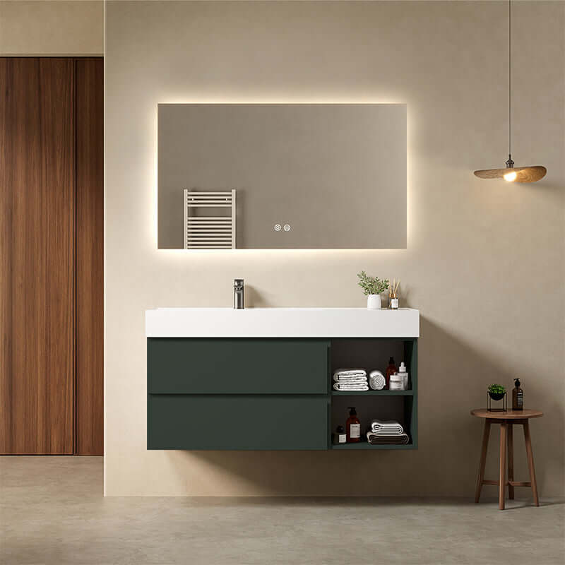 Mobile bagno sospeso 120 cm Verde Comodoro Lavabo a Sinistra in Resina Specchio Quadro Retroilluminato - Fiji Paint Plus