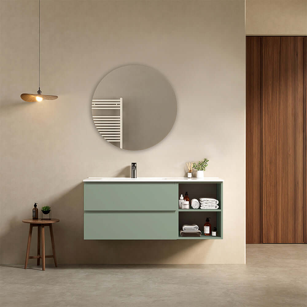 Mobile bagno sospeso 120 cm Verde Salvia Lavabo a Sinistra in Ceramica Specchio Tondo - Fiji Paint Plus