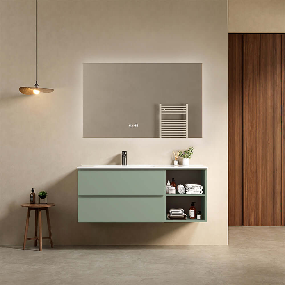 Mobile bagno sospeso 120 cm Verde Salvia Lavabo a Sinistra in Ceramica Specchio Quadro Retroilluminato - Fiji Paint Plus
