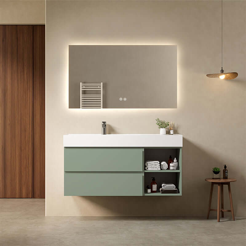 Mobile bagno sospeso 120 cm Verde Salvia Lavabo a Sinistra in Resina Specchio Quadro Retroilluminato - Fiji Paint Plus