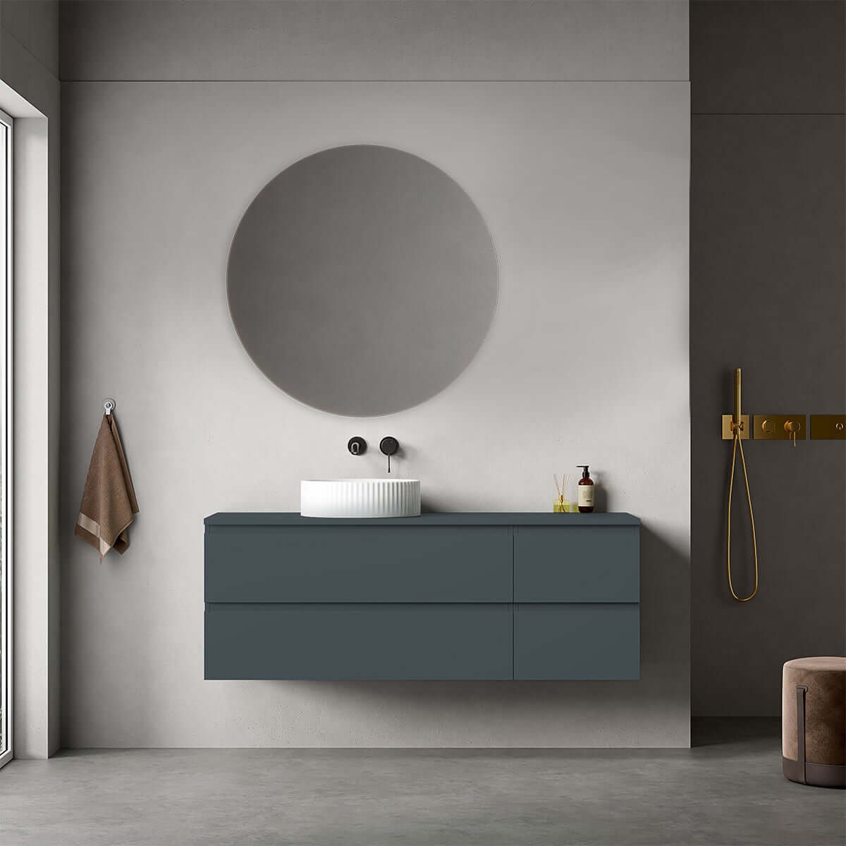 Mobile bagno sospeso reversibile 140 cm Blu Mare per Lavabo d'appoggio Specchio Tondo - Fiji Paint